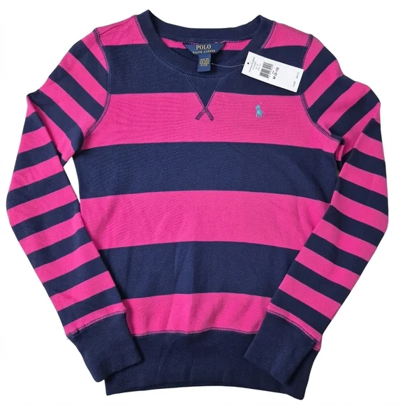 NWT Polo Ralph Lauren Striped Sweatshirt | Pink & Navy | Medium (8-10) - Picture 1 of 9